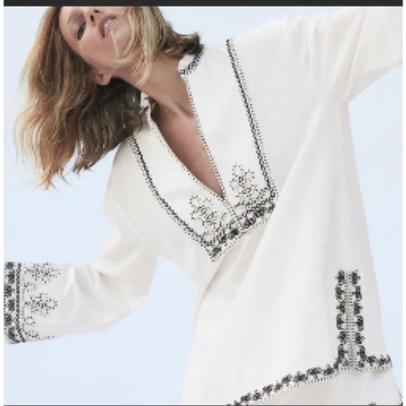 Zara White Black Embroidered Blouse. - Picture 3 of 9